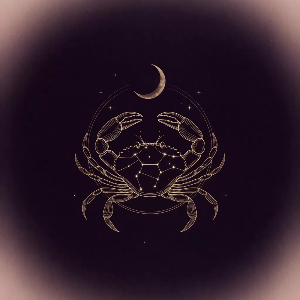 Ilustração de Câncer: caranguejo de garras erguidas sob uma lua crescente, em traço dourado de constelação sobre fundo verde-escuro