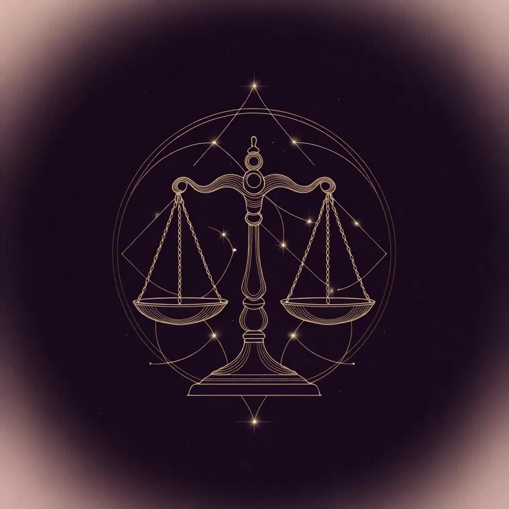 Ilustração de Libra: balança antiga com os pratos nivelados, em traço dourado de constelação sobre fundo verde-escuro