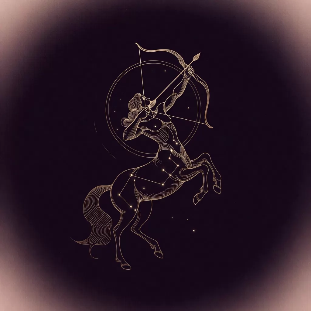 Ilustração de Sagitário: centauro arqueiro mirando as estrelas, em traço dourado de constelação sobre fundo verde-escuro