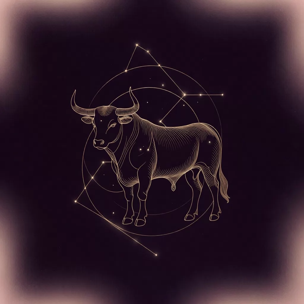 Ilustração de Touro: touro de pé, sereno, em traço dourado de constelação sobre fundo verde-escuro