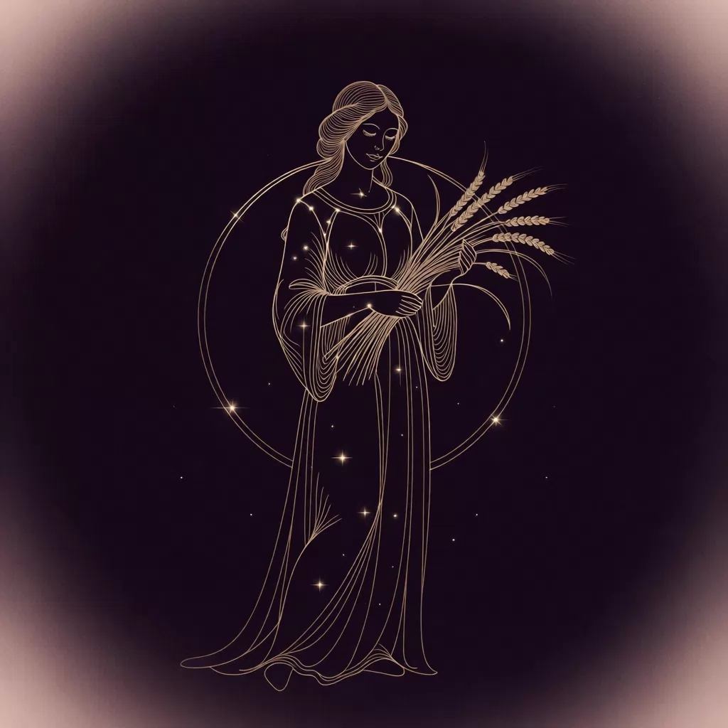 Ilustração de Virgem: donzela de túnica segurando um feixe de trigo, em traço dourado de constelação sobre fundo verde-escuro