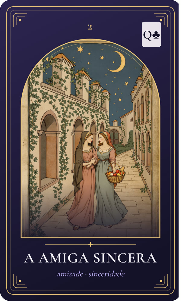 Ilustração da carta A Amiga Sincera: Duas amigas andam de braços dados por um claustro, uma com a mão no ombro da outra e um cesto de pães e maçãs; a hera cobre os arcos.
