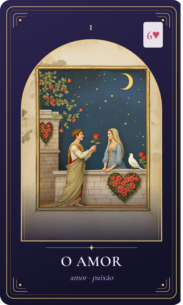 Ilustração da carta O Amor: Um jovem casal sorri num jardim de rosas: ele oferece uma rosa vermelha, dois pombos brancos pousam no muro e um canteiro forma um coração.