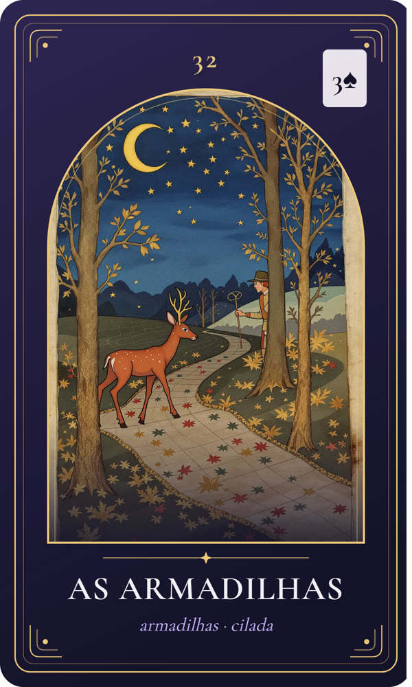 Ilustração da carta As Armadilhas: Uma rede e um laço sob as folhas cobrem a trilha; um cervo se aproxima cauteloso, e um caçador espreita atrás de uma árvore.