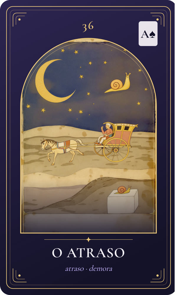 Ilustração da carta O Atraso: Na iluminura, uma carroça de roda quebrada atola na lama; o condutor coça a cabeça, e um caracol rasteja na pedra ao lado.