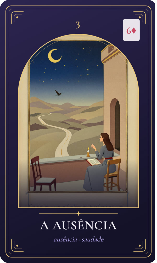 Ilustração da carta A Ausência: Uma mulher olha de uma janela da torre para uma estrada vazia entre colinas; ao lado há uma cadeira vazia, um livro fechado e uma vela baixa.