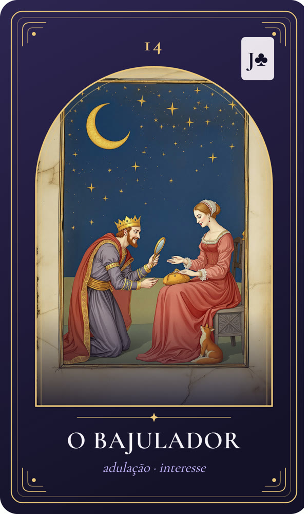 Ilustração da carta O Bajulador: Um cortesão sorridente se inclina diante de uma dama sentada e lhe oferece um espelho dourado, enquanto a outra mão se estende para a bolsa dela; uma raposa está ao seu lado.