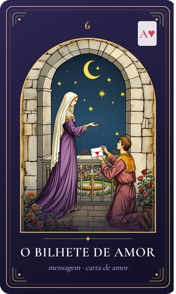 Ilustração da carta O Bilhete de Amor: Uma dama de violeta recebe uma carta selada com cera em forma de coração, entregue por um mensageiro ajoelhado entre rosas e uma fonte.