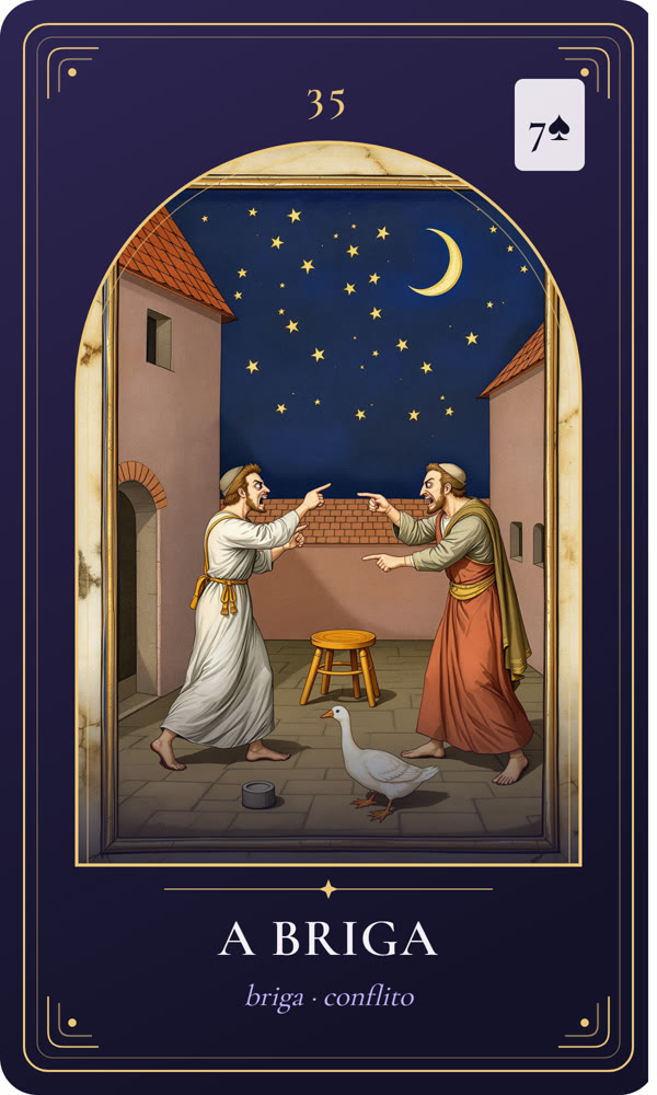 Ilustração da carta A Briga: Dois homens discutem num pátio e apontam os dedos; no chão há um banco virado e um chapéu caído, e um ganso foge.