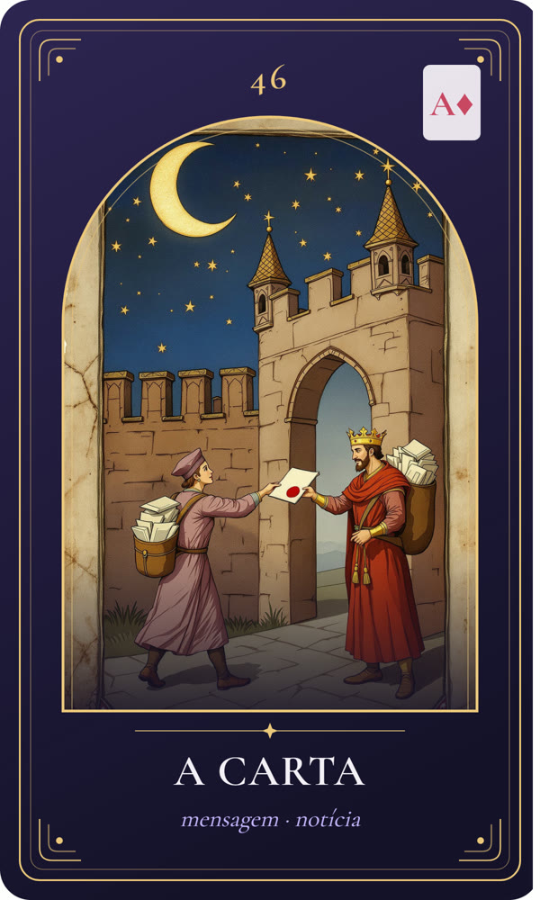 Ilustração da carta A Carta: Um mensageiro a pé entrega uma carta selada com cera a um guarda no portão do castelo; leva uma bolsa de cartas no ombro.
