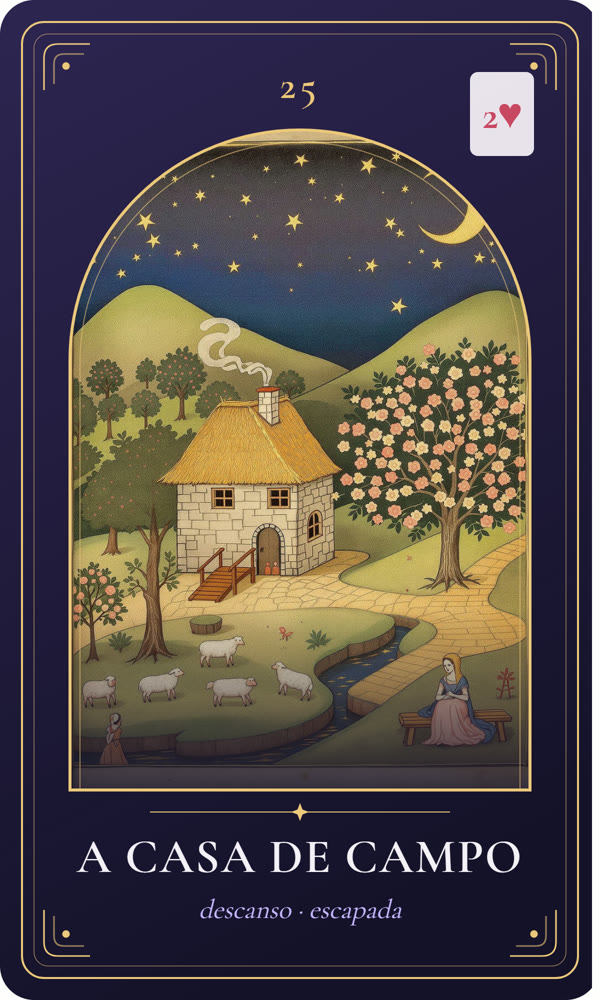 Ilustração da carta A Casa de Campo: Uma casa de pedra com teto de palha repousa entre colinas e um pomar; a fumaça sobe da chaminé, uma mulher descansa sob uma árvore florida, ovelhas pastam e um riacho corre sob uma ponte de madeira.