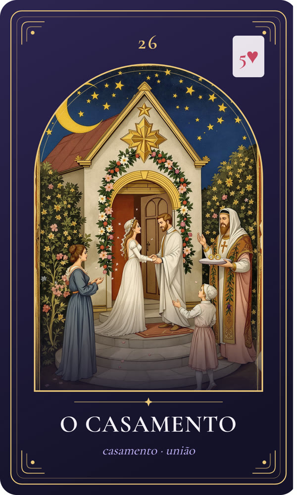 Ilustração da carta O Casamento: Noivos de mãos dadas estão diante da porta de uma capela enfeitada com guirlandas; um sacerdote de branco os abençoa, convidados jogam pétalas e uma criança carrega dois anéis sobre uma almofada.