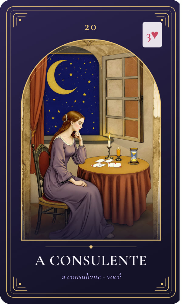Ilustração da carta A Consulente: Uma jovem de vestido violeta está sentada à mesa redonda diante de cartas em branco; uma vela e uma ampulheta iluminam a cena, e a janela aberta revela a noite com lua crescente e estrelas douradas.