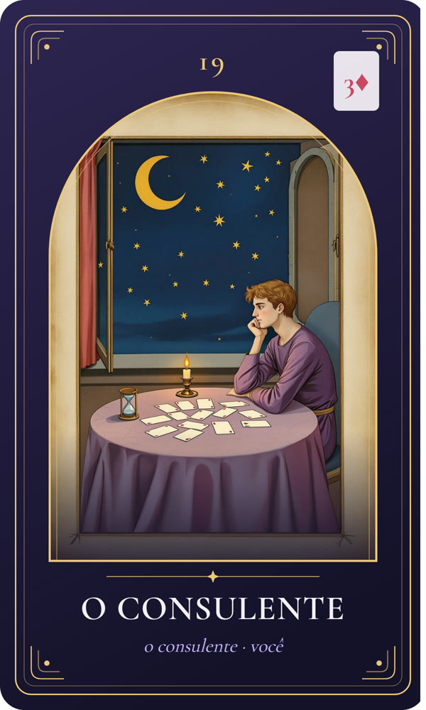 Ilustração da carta O Consulente: Um jovem de túnica violeta está sentado a uma mesa redonda diante de cartas em branco; uma vela e uma ampulheta iluminam o ambiente, e a janela aberta mostra a noite com lua crescente e estrelas douradas.