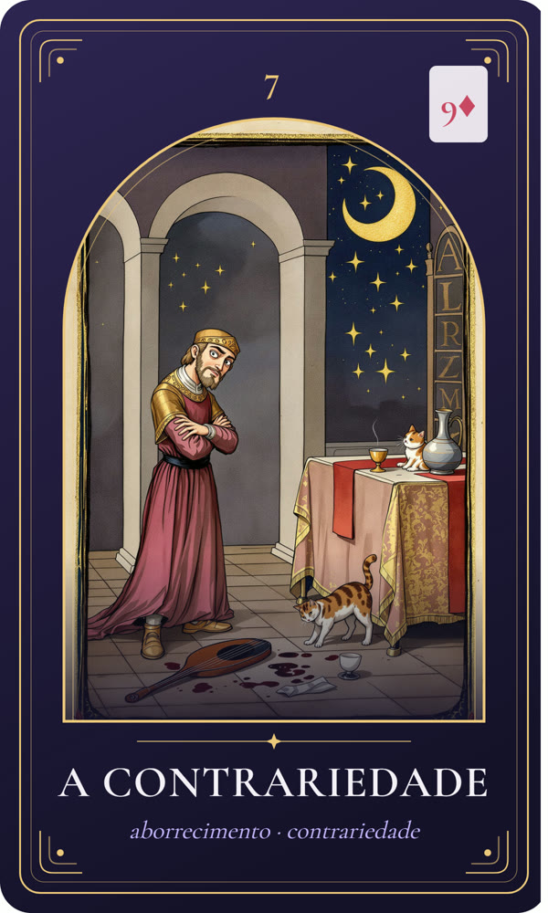 Ilustração da carta A Contrariedade: Um nobre de braços cruzados e cenho franzido observa um cálice de vinho derramado e um alaúde quebrado no chão; um gato derruba o tinteiro da mesa.