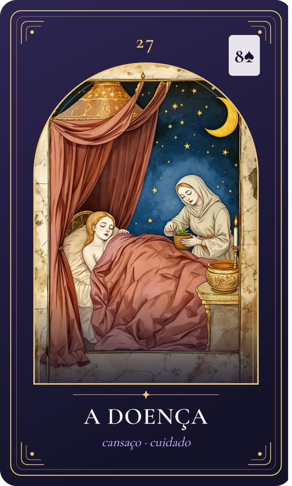 Ilustração da carta A Doença: Uma mulher pálida repousa numa cama com dossel e um curandeiro prepara ervas; há caldo e uma vela.