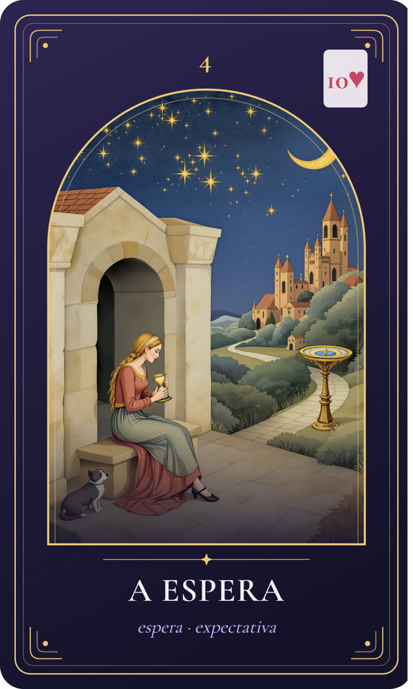 Ilustração da carta A Espera: Uma mulher espera num banco de pedra junto ao portão, com uma taça nas mãos e um cãozinho aos pés; na estrada, um relógio de sol marca as horas.