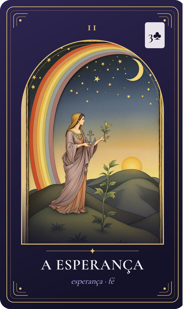 Ilustração da carta A Esperança: Ao amanhecer, uma mulher segura uma pequena âncora de prata numa mão e planta uma muda com a outra; atrás dela há um arco-íris, uma cotovia sobe e a lua crescente desmaia entre estrelas douradas.