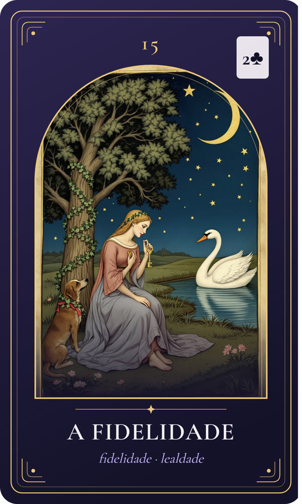 Ilustração da carta A Fidelidade: Um cão fiel senta-se ao lado de uma jovem que aperta contra o peito uma chave presa a uma fita; uma hera envolve um carvalho e dois cisnes nadam no lago.