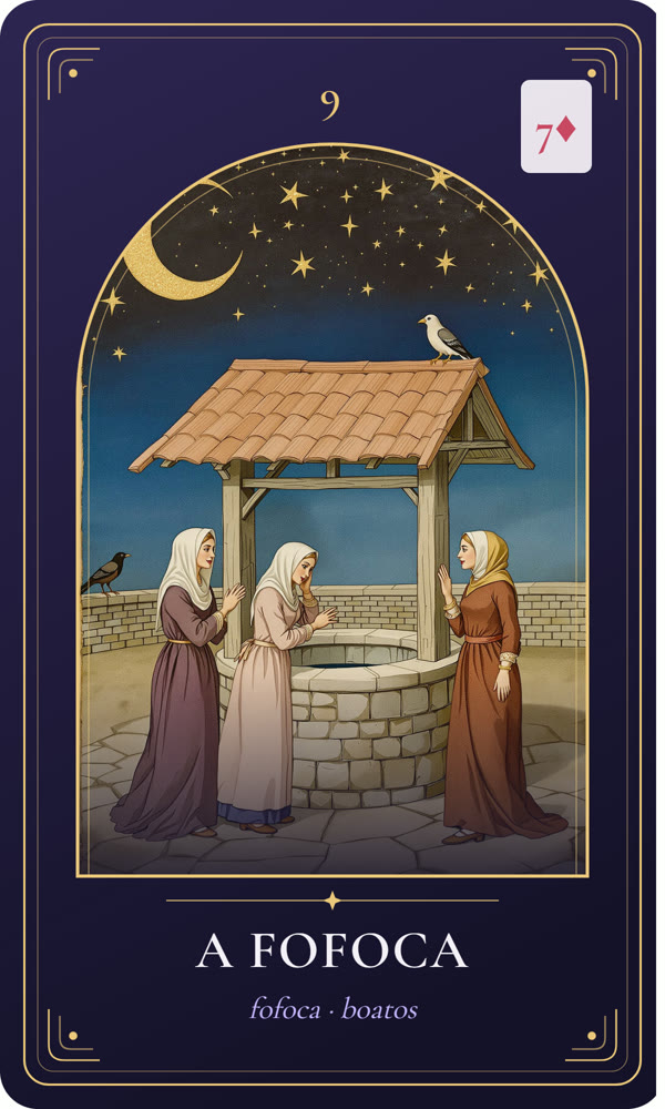 Ilustração da carta A Fofoca: Três mulheres cochicham atrás das mãos junto a um poço, olhando de lado para uma jovem que passa; uma pega pousa no teto.