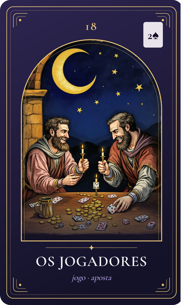 Ilustração da carta Os Jogadores: Dois homens jogam dados e cartas à mesa de uma taverna, com moedas entre eles; um sorri e o outro parece ansioso, e um caneco tomba.