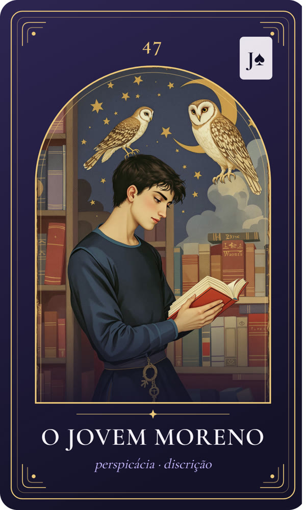 Ilustração da carta O Jovem Moreno: Um jovem moreno de túnica azul-escura lê um livro na estante, atento; uma chave pende do cinto e uma coruja pousa acima.