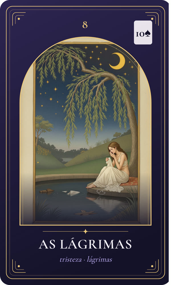 Ilustração da carta As Lágrimas: Uma jovem chora à beira de um lago, com um lenço e um colar de pérolas arrebentado no colo; o salgueiro se inclina sobre a água.