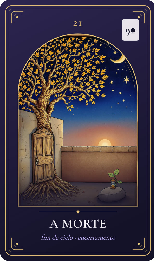 Ilustração da carta A Morte: Um carvalho perde as últimas folhas douradas ao lado de uma porta fechada num muro; a ampulheta esgotou a areia na pedra, mas um broto verde surge nas raízes.