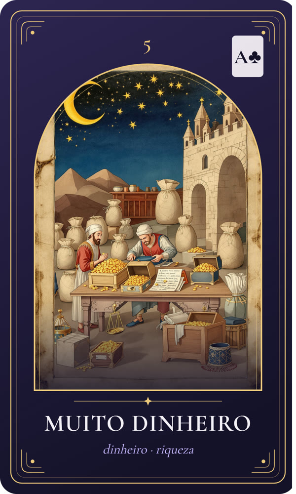 Ilustração da carta Muito Dinheiro: Um mercador conta moedas de ouro com baús, balança e livros-razão ao lado; atrás, sacos de grãos e um criado com baú.