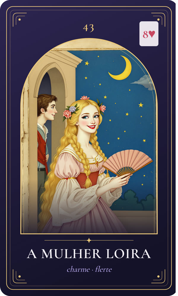 Ilustração da carta A Mulher Loira: Uma jovem loira de tranças enfeitadas com flores sorri por cima do ombro enquanto segura um leque; um jovem a observa de uma porta, e o fundo é liso, sem inscrições.