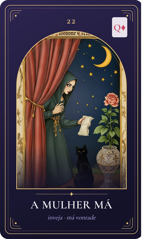 Ilustração da carta A Mulher Má: Uma mulher severa de verde espia por trás de uma cortina, com uma carta amassada na mão; um gato preto arqueia o lombo aos pés e uma rosa murcha no vaso.
