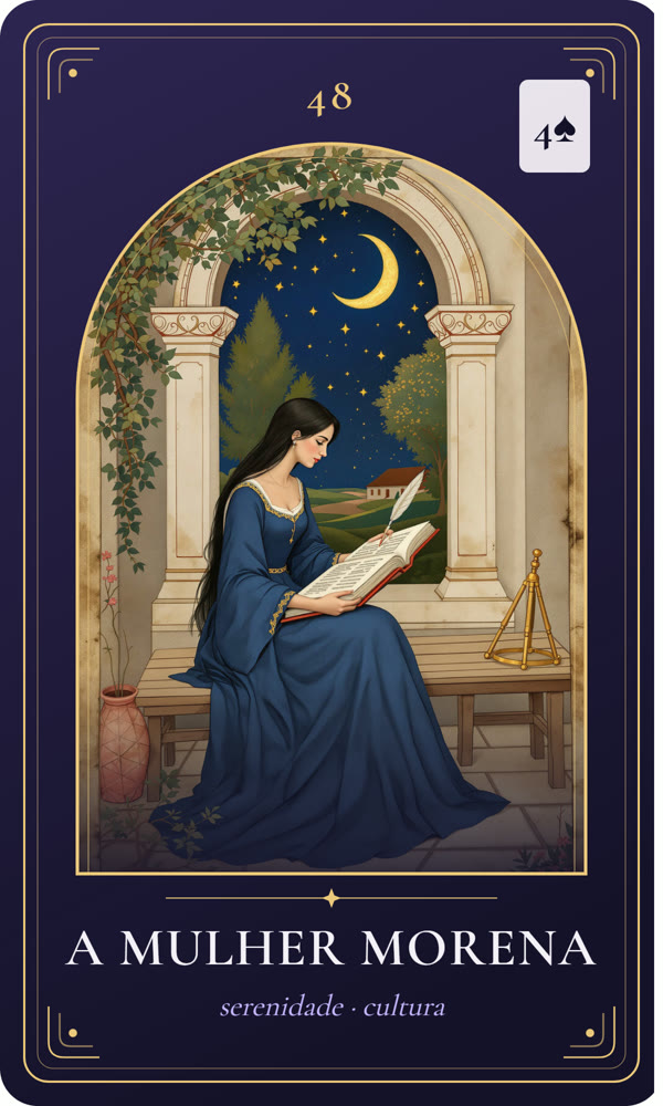 Ilustração da carta A Mulher Morena: Uma mulher morena de vestido azul-profundo lê um grande livro iluminado num claustro; ao lado, no banco, há uma pena e um astrolábio.