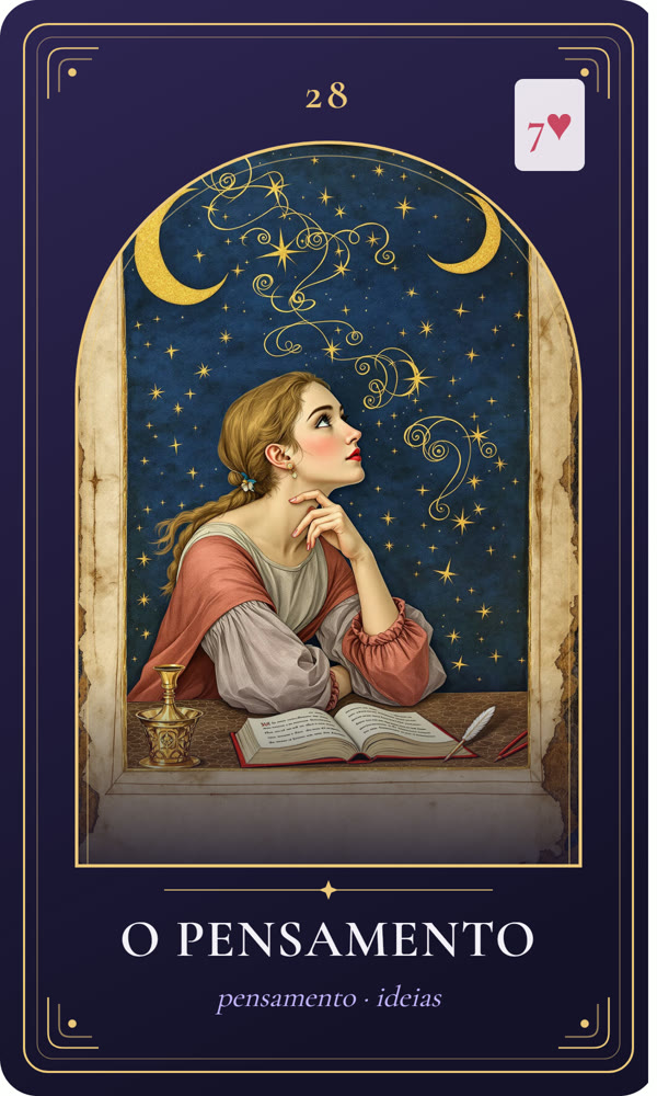 Ilustração da carta O Pensamento: Na iluminura, uma jovem apoia o queixo na mão e olha o teto, com um livro aberto e redemoinhos dourados ao redor.