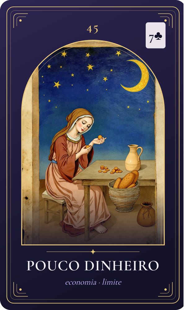 Ilustração da carta Pouco Dinheiro: Uma mulher modesta conta moedas de cobre em pilhas sobre uma mesa simples; há pão, uma jarra e uma pequena bolsa ao lado.