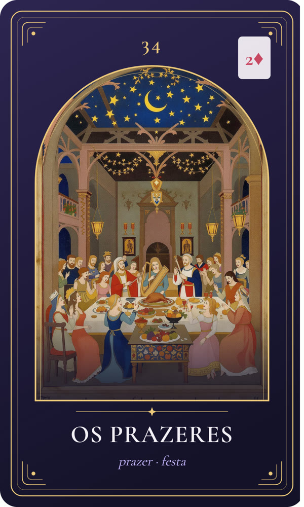 Ilustração da carta Os Prazeres: Na iluminura, um banquete reúne músicos com alaúde e harpa, dança e mesas com frutas e vinho; guirlandas pendem das vigas.
