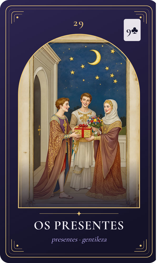 Ilustração da carta Os Presentes: Um jovem entrega uma caixa com fita e um buquê a uma mulher encantada.
