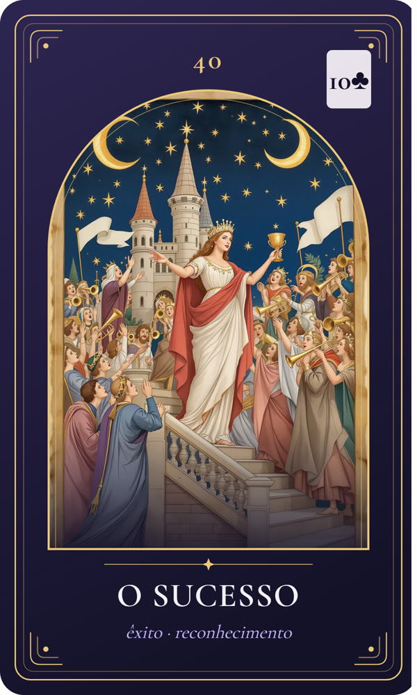 Ilustração da carta O Sucesso: Uma jovem coroada de louros está nos degraus do castelo enquanto a multidão aplaude; ela segura uma taça dourada e bandeiras tremulam.