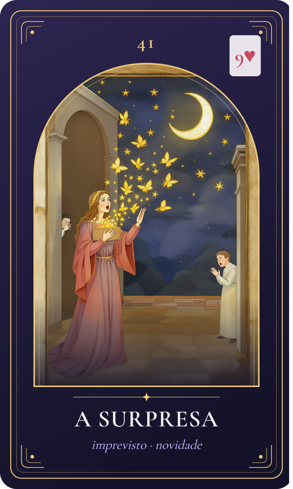 Ilustração da carta A Surpresa: Uma jovem abre um baú de onde irrompem borboletas douradas e luz; ela ergue as mãos, e um criado espreita atrás da porta.