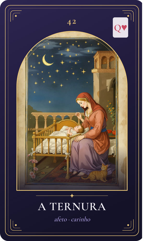 Ilustração da carta A Ternura: Na iluminura, uma mãe embala um bebê num berço junto à lareira; uma criança se apoia em seu ombro e um gato dorme no tapete.