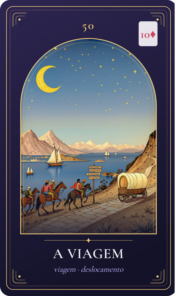 Ilustração da carta A Viagem: Viajantes a cavalo e carroça coberta seguem numa estrada rumo a montanhas e ao porto com veleiro; uma placa aponta caminhos.