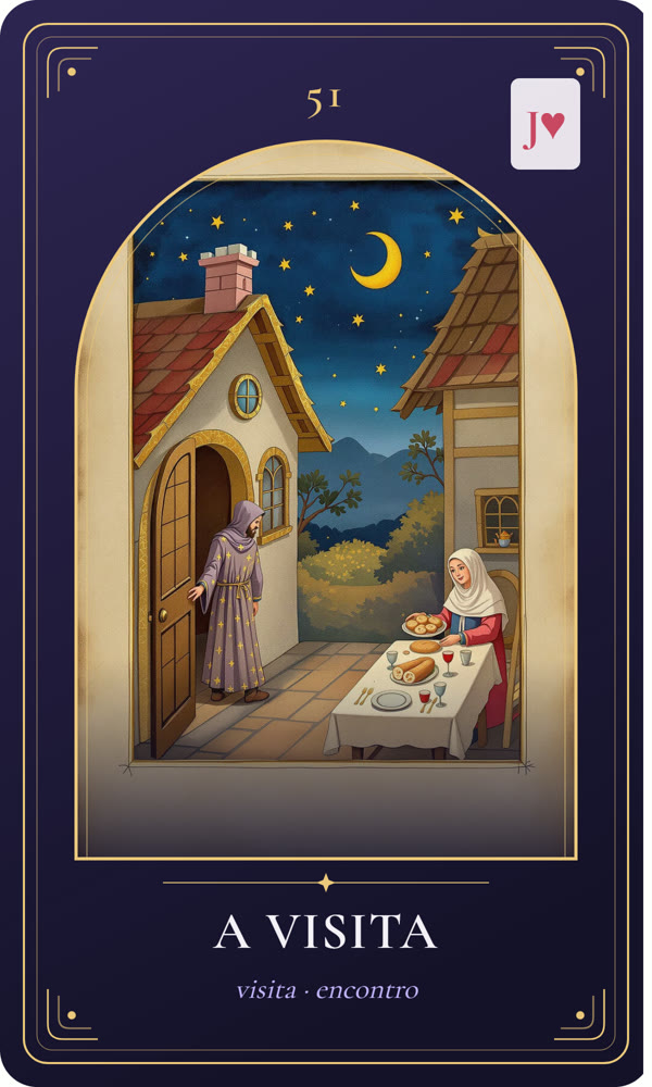 Ilustração da carta A Visita: Um visitante de capa de viagem bate à porta de uma casa, enquanto os anfitriões abrem com sorrisos; dentro, a mesa está posta com pão e vinho.
