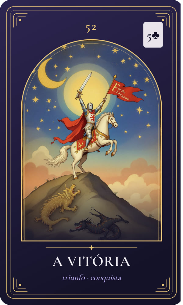 Ilustração da carta A Vitória: Um cavaleiro ergue uma espada e um estandarte numa colina ao amanhecer; o cavalo empina e uma sombra de dragão foge abaixo.