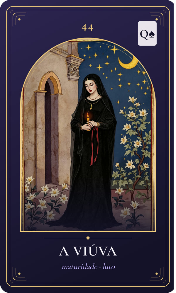 Ilustração da carta A Viúva: Uma nobre madura de vestido preto e véu escuro está serena num jardim de capela, com uma vela acesa e um anel preso a uma fita; lírios brancos repousam a seus pés.